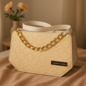 Elegant Cream Printed Handbag with Gold Chain