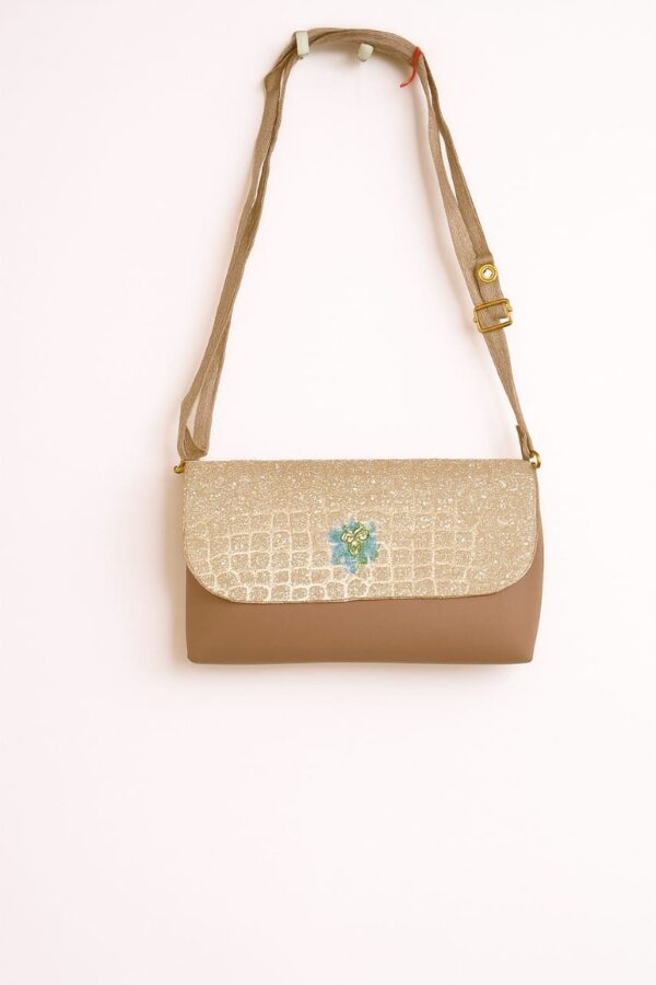 Elegant Rose Gold Sling Bag with Embossed Pattern & Dazzling Floral Embellishme - Image 2