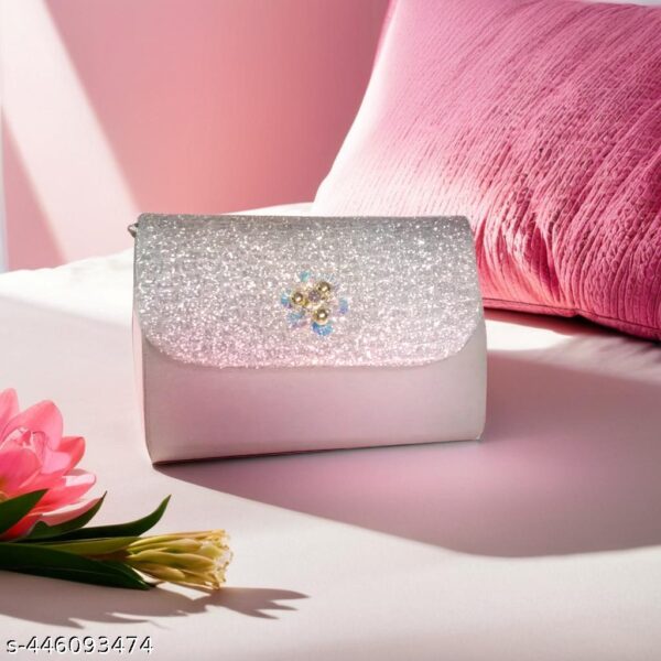 Striking Silver Velvet Sling Bag with Glitter Finish & Dazzling Embellishments - Image 2