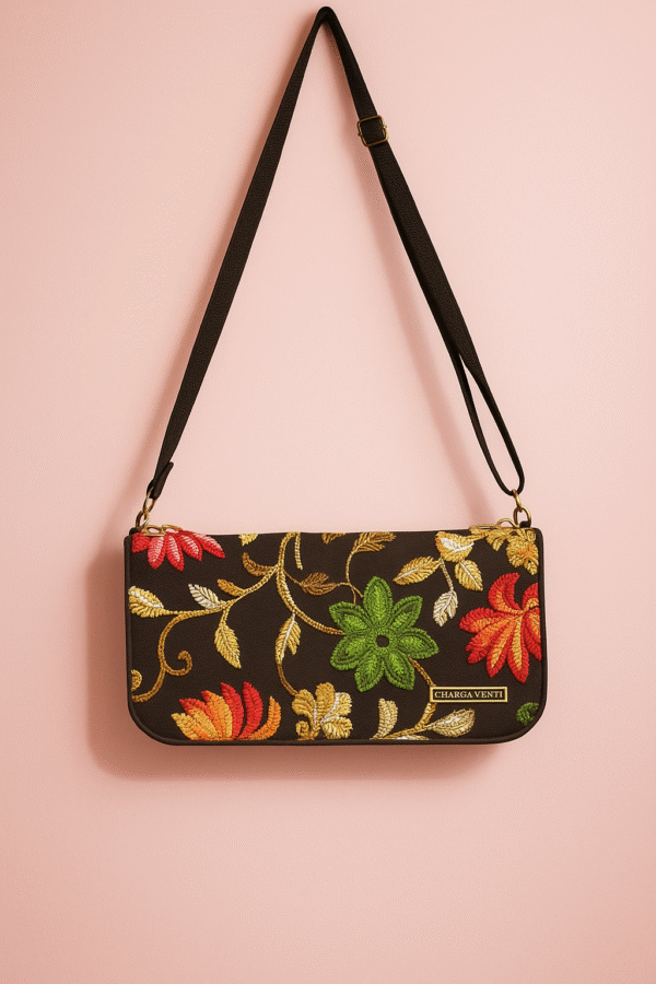 Elegant Black Floral Embroidered Sling Bag for Women - Image 2